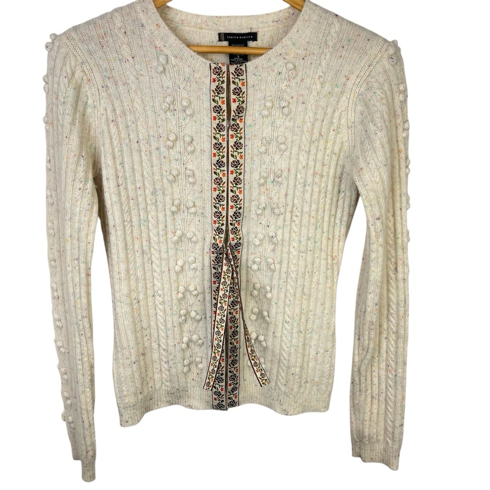 Vintage Lauren‎ Hansen Wool Sweater Cream Multicolor Dots Tie Women's Size Small